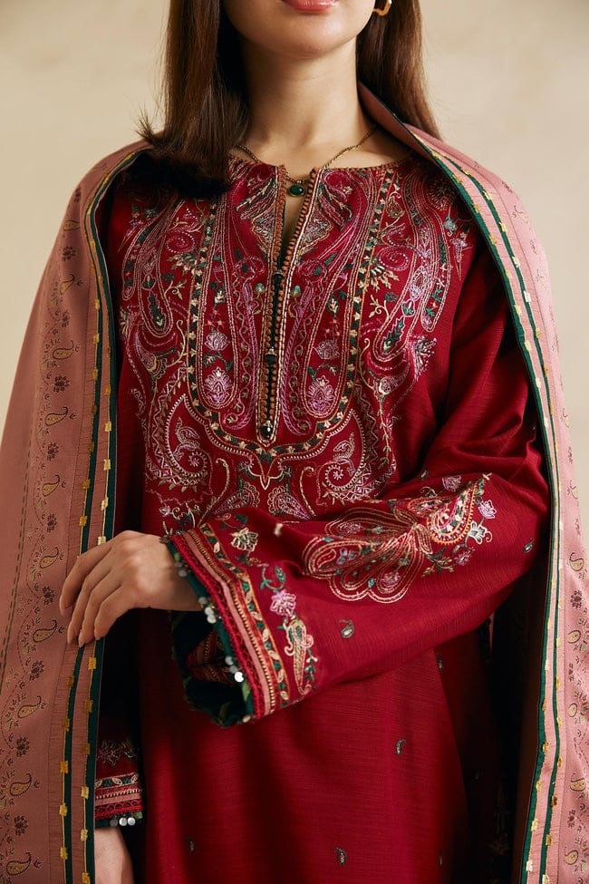ZARA SHAH JAHAN-3PC DHANAK EMBROIDERED SHIRT WITH COURTRAI WOOL PRINTED SHAWL AND EMB TROUSER-BIC-4042