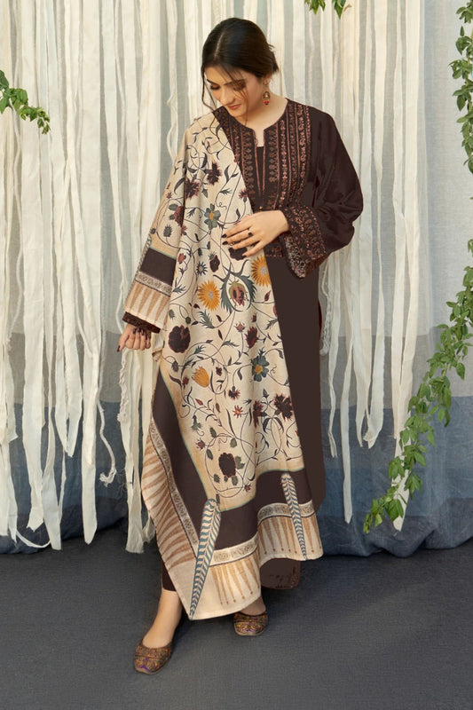 URGE-3PC DHANAK EMBROIDERED SHIRT WITH COURTRAI PRINTED SHAWL AND EMB TROUSER-BIC-4199