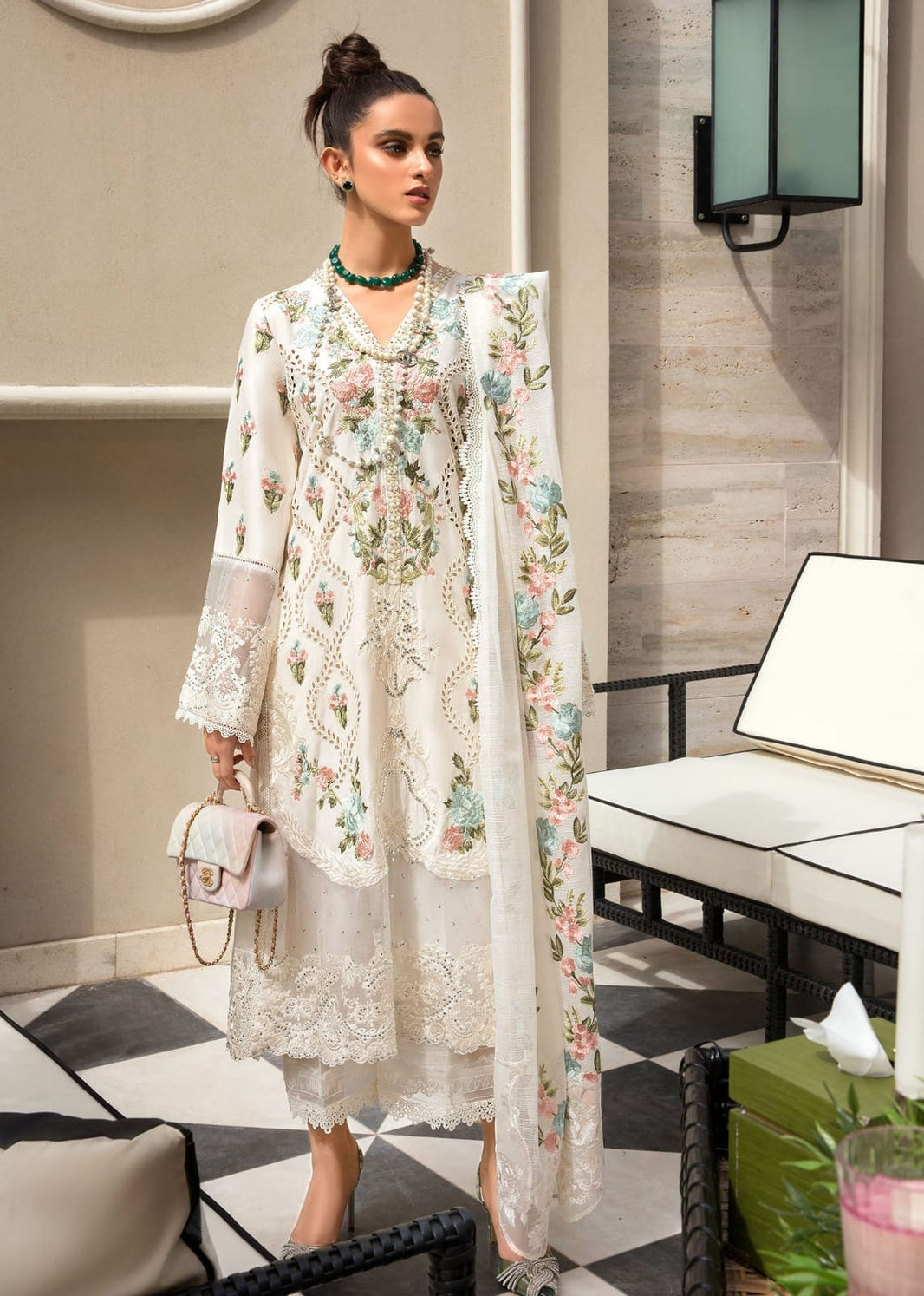 CRIMSON-3PC DHANAK EMBROIDERED SHIRT WITH CHIFFON EMBROIDERED DUPATTA & TROUSER-BIC-4005