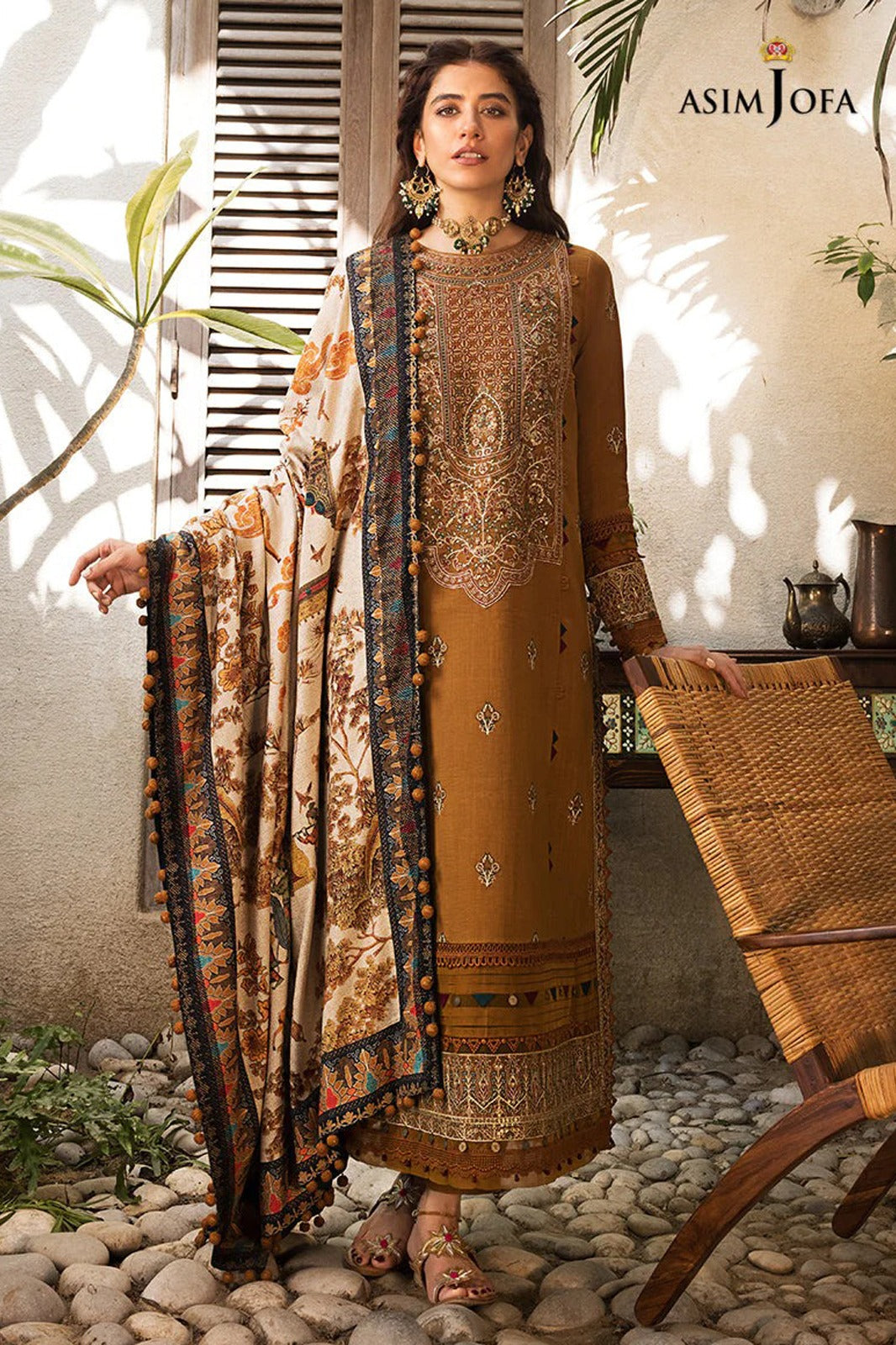 ASIM JOFA-3PC DHANAK EMBROIDERED SHIRT WITH COURTRAI PRINTED SHAWL & TROUSR-BIC-3135