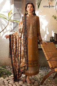 ASIM JOFA-3PC DHANAK EMBROIDERED SHIRT WITH COURTRAI PRINTED SHAWL & TROUSR-BIC-3135