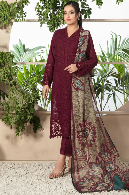 ZAINAB CHOTANI - 3PC CHIKENKARI LAWN EMBROIDERED WITH COTTON SILK PRINT DUPATTA - BIC-2695-MEHROON