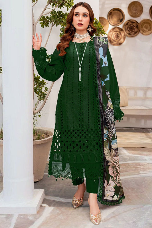 MARIA B-3PC CHIKANKAARI LAWN EMBROIDERED SHIRT WITH MONARK PRINT DUPATTA AND TROUSER-BIC-4054