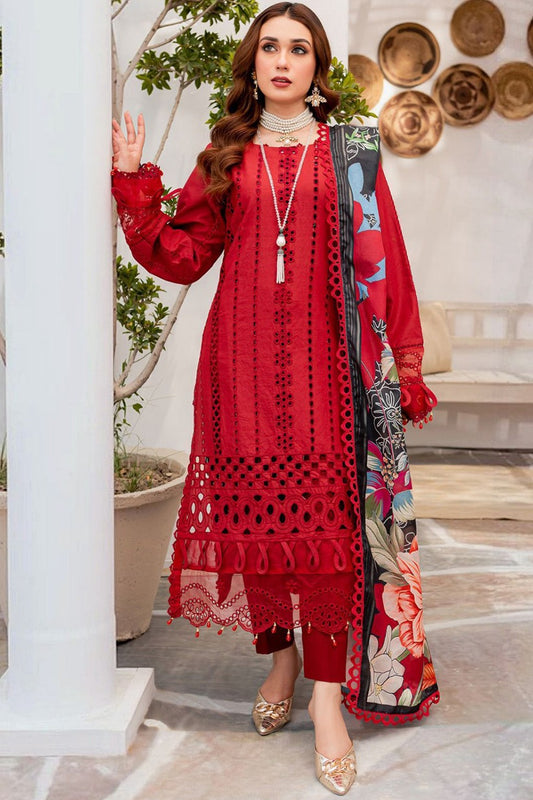 ZAINAB CHOTANI - 3PC CHIKENKARI LAWN EMBROIDERED WITH MONARK PRINT DUPATTA - BIC--RED