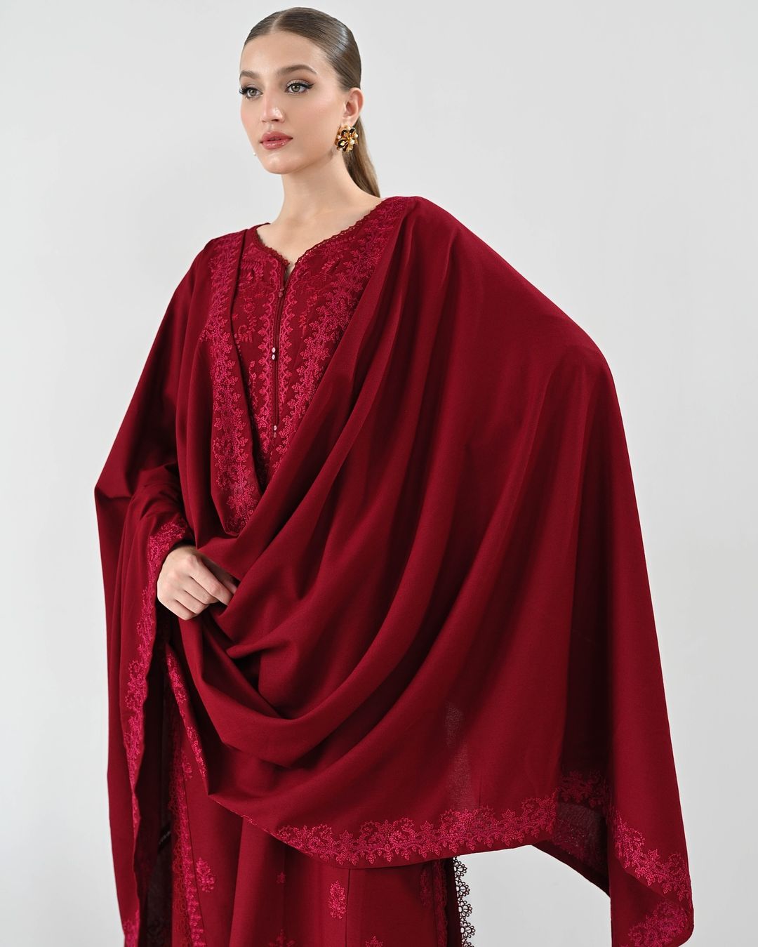 ZAIB-3PC DHANAK EMBROIDERED SHIRT WITH DHANAK EMBROIDERED SHAWL AND TROUSER-BIC-5271