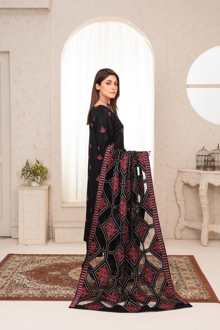 BRANDS INN-3PC DHANAK EMBROIDERED SHIRT WITH HEAVY CUTWORK EMBROIDERED DHANAK SHAWL AND TROUSER-BIC -002
