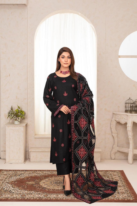BRANDS INN-3PC DHANAK EMBROIDERED SHIRT WITH HEAVY CUTWORK EMBROIDERED DHANAK SHAWL AND TROUSER-BIC -002