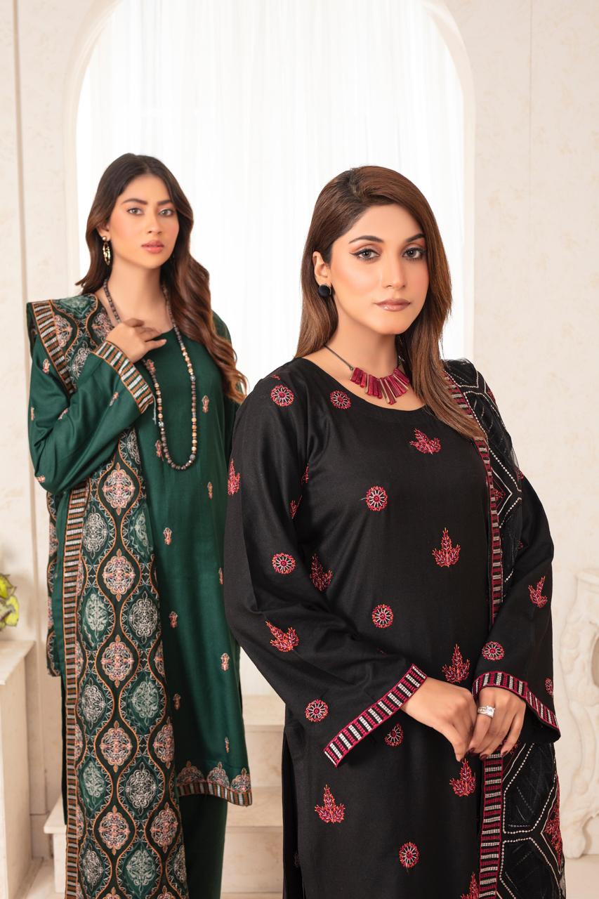 BRANDS INN-3PC DHANAK EMBROIDERED SHIRT WITH HEAVY CUTWORK EMBROIDERED DHANAK SHAWL AND TROUSER-BIC -002