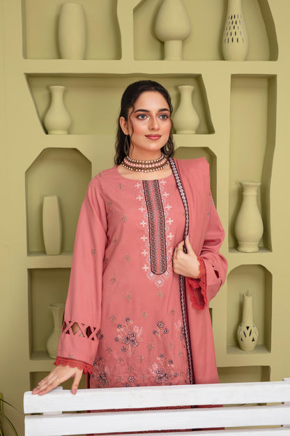 BRANDSINN-3PC DHANAK EMBROIDERED SHIRT WITH DHANAK CUTWORK EMBROIDERED SHAWL AND TROUSER-BIC -1507