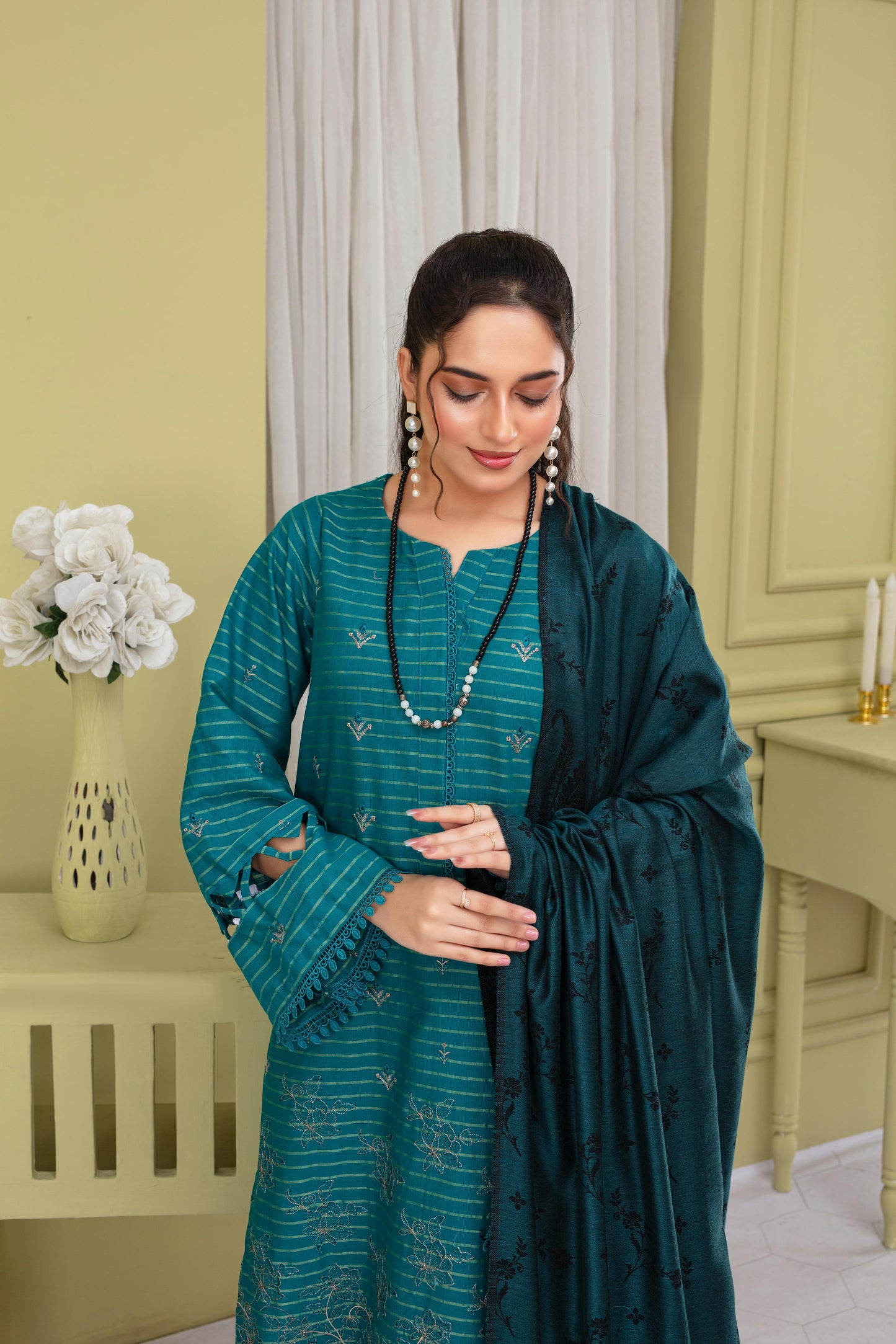 BRANDSINN-3PC KHADAR CUTWORK EMBROIDERED SHIRT WITH KASHMIRI JACQUARD WOOL SHAWL-BIC-1501