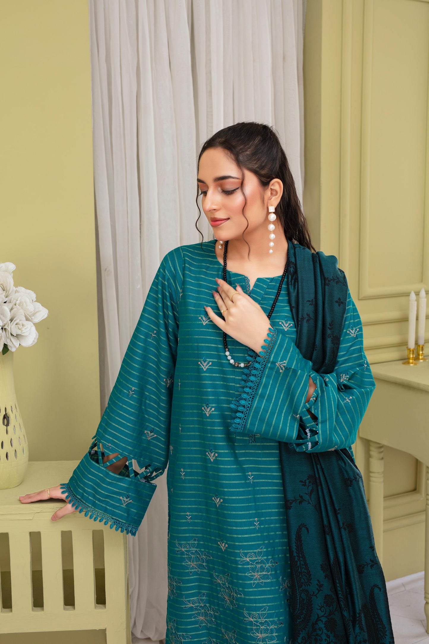 BRANDSINN-3PC KHADAR CUTWORK EMBROIDERED SHIRT WITH KASHMIRI JACQUARD WOOL SHAWL-BIC-1501