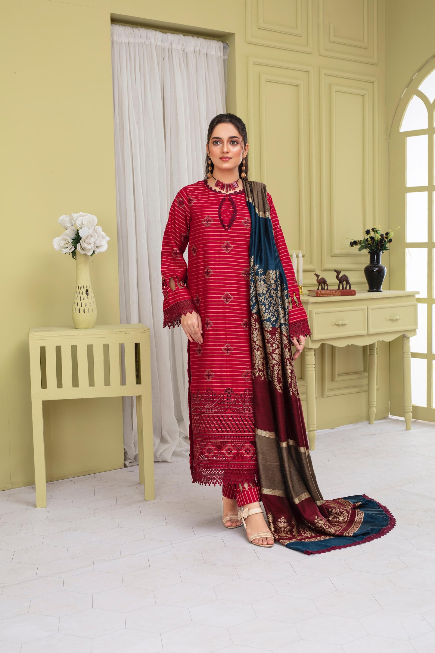 BRANDSINN-3PC KHADAR CUTWORK EMBROIDERED SHIRT WITH KASHMIRI JACQUARD WOOL SHAWL-BIC-1503