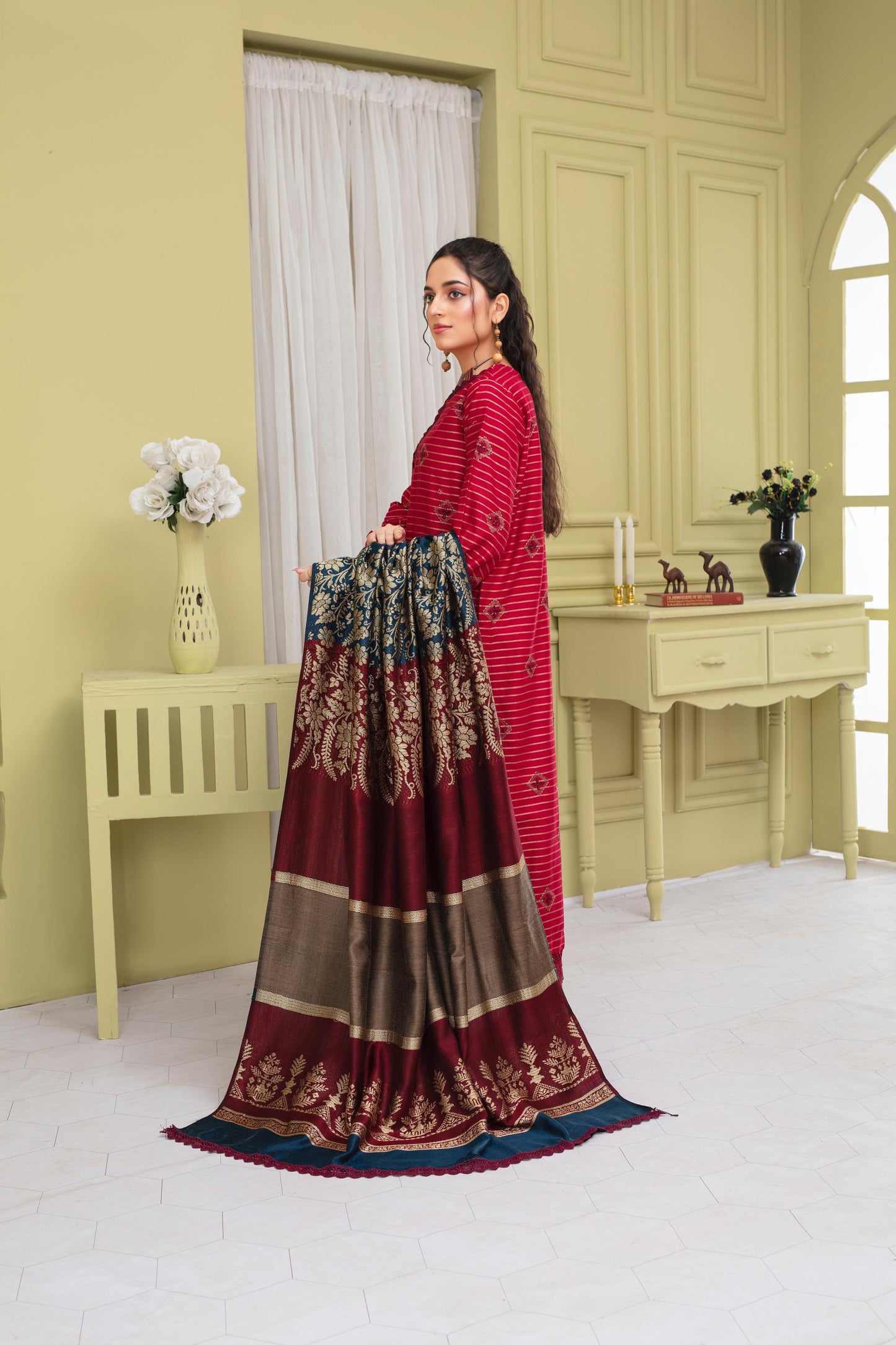 BRANDSINN-3PC KHADAR CUTWORK EMBROIDERED SHIRT WITH KASHMIRI JACQUARD WOOL SHAWL-BIC-1503