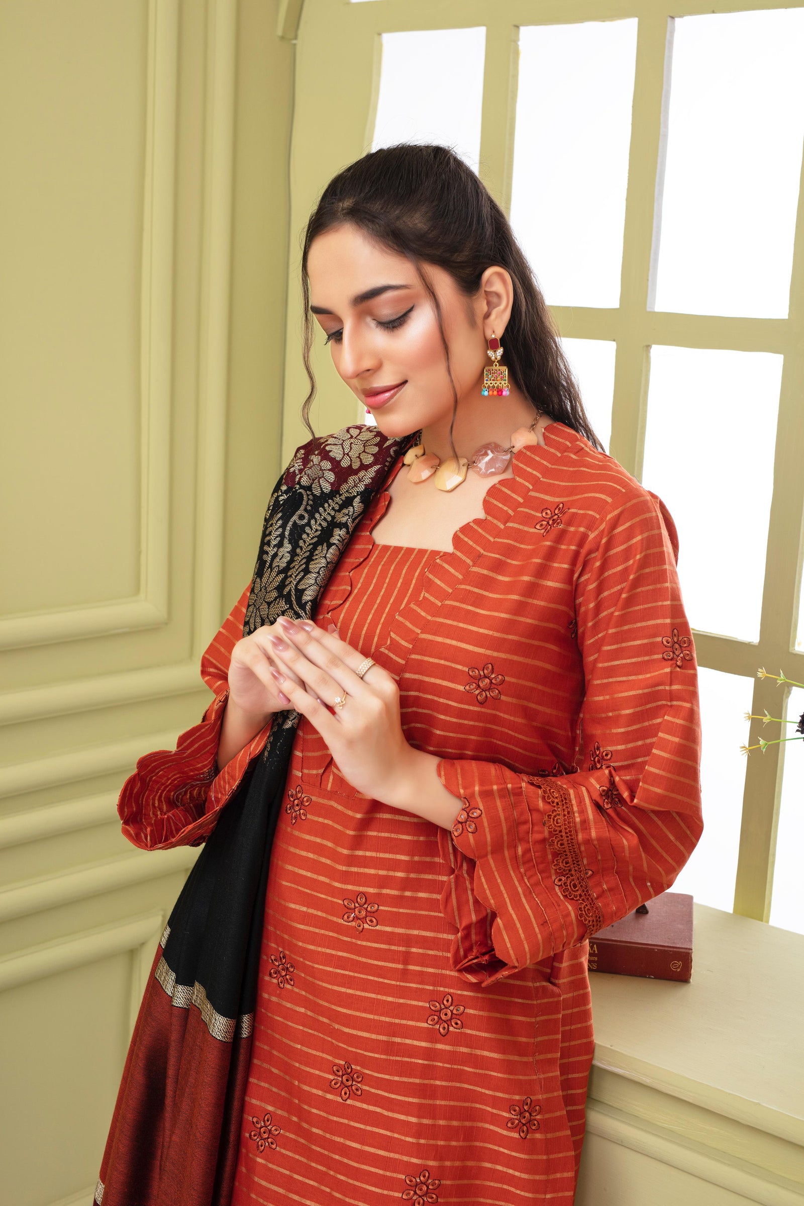 BRANDSINN-3PC KHADAR CUTWORK EMBROIDERED SHIRT WITH KASHMIRI JACQUARD WOOL SHAWL-BIC-1504
