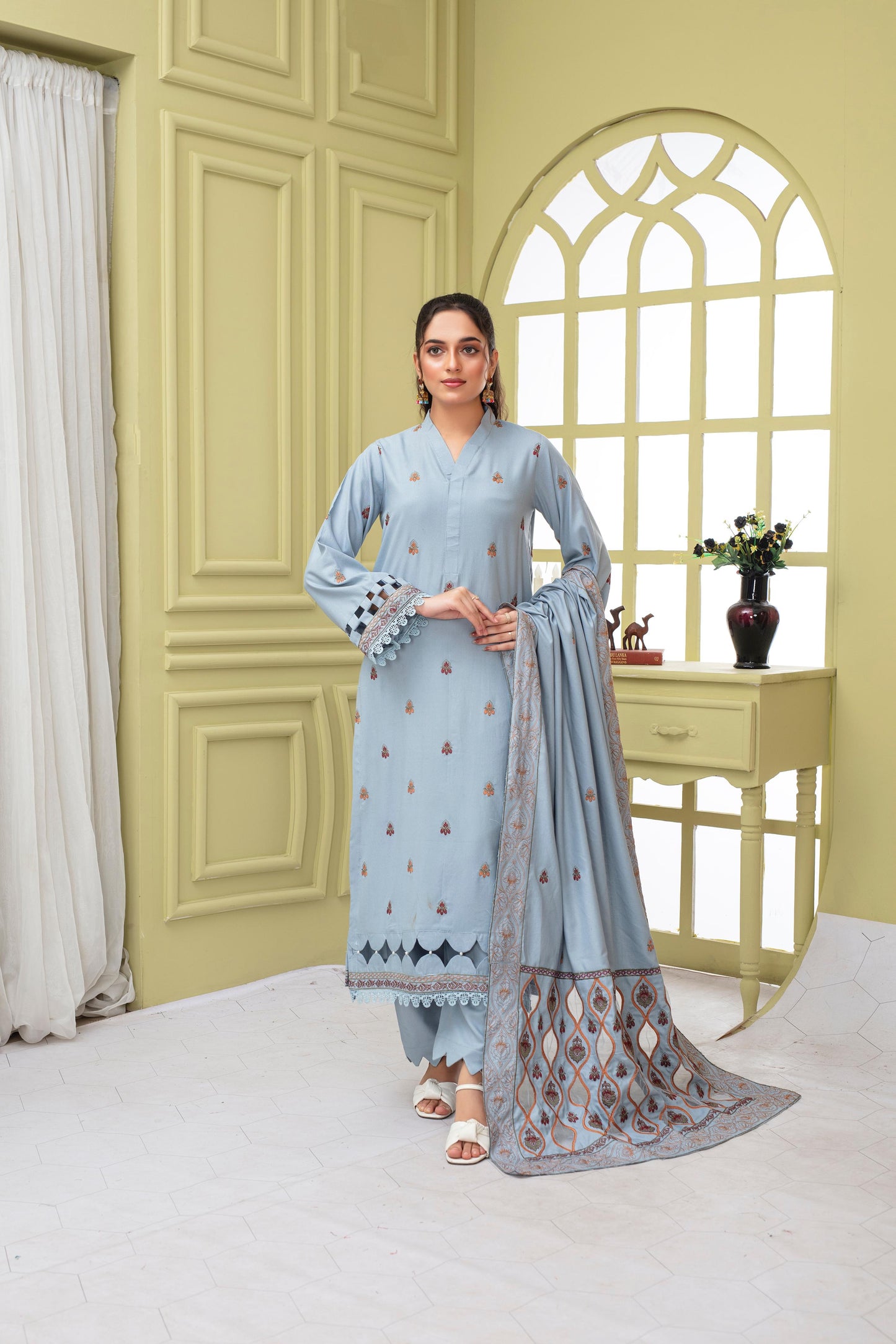 BRANDS INN-3PC DHANAK EMBROIDERED SHIRT WITH HEAVY CUTWORK EMBROIDERED DHANAK SHAWL AND TROUSER-BIC -1506