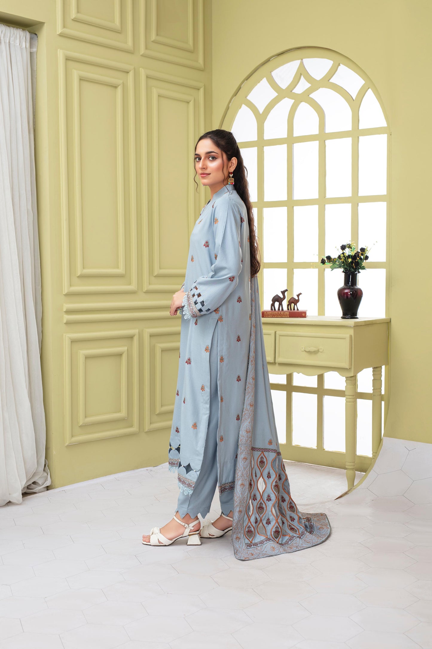 BRANDS INN-3PC DHANAK EMBROIDERED SHIRT WITH HEAVY CUTWORK EMBROIDERED DHANAK SHAWL AND TROUSER-BIC -1506