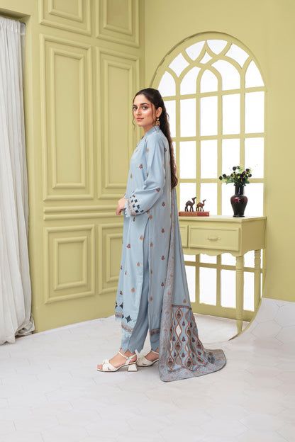 BRANDS INN-3PC DHANAK EMBROIDERED SHIRT WITH HEAVY CUTWORK EMBROIDERED DHANAK SHAWL AND TROUSER-BIC -1506