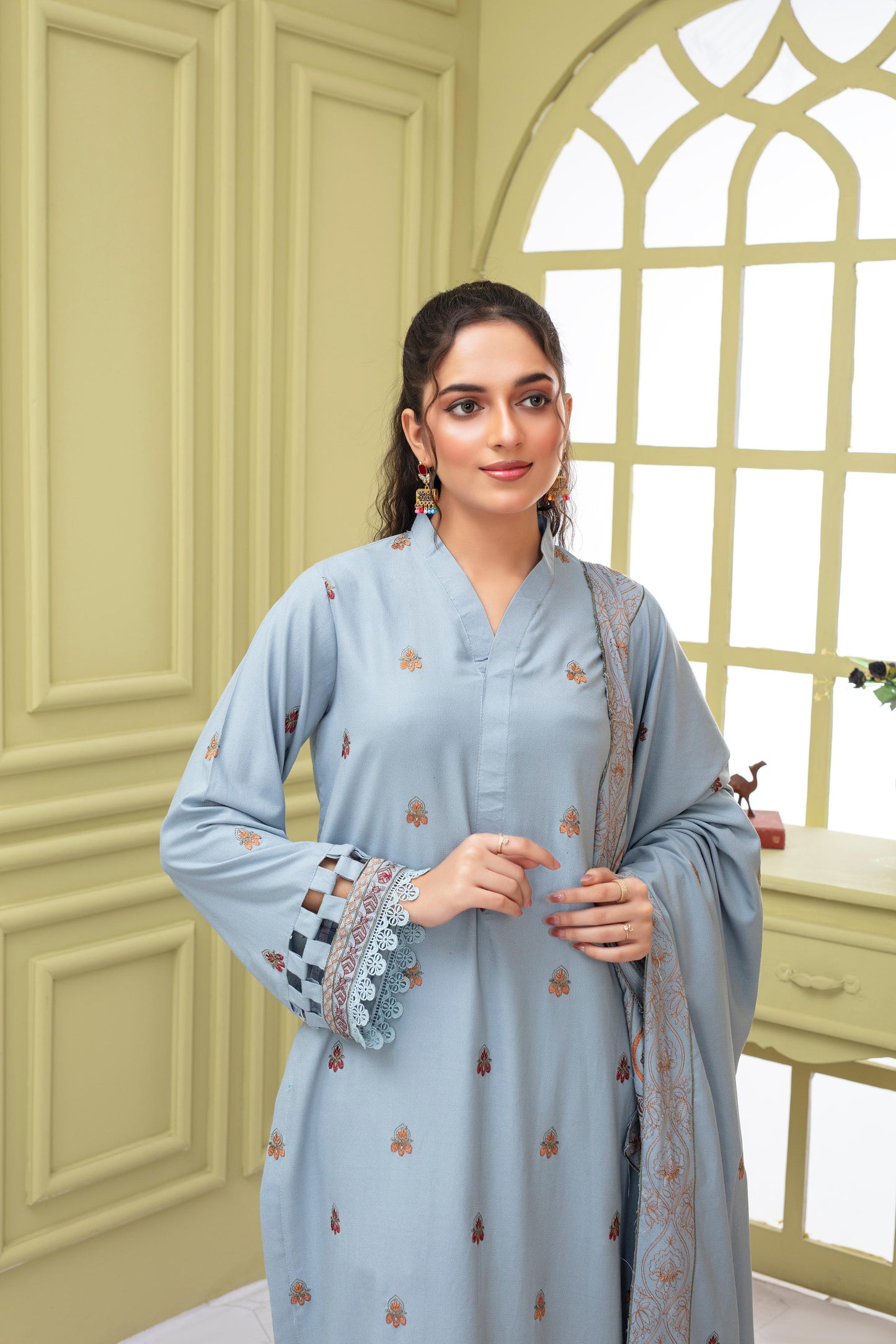 BRANDS INN-3PC DHANAK EMBROIDERED SHIRT WITH HEAVY CUTWORK EMBROIDERED DHANAK SHAWL AND TROUSER-BIC -1506
