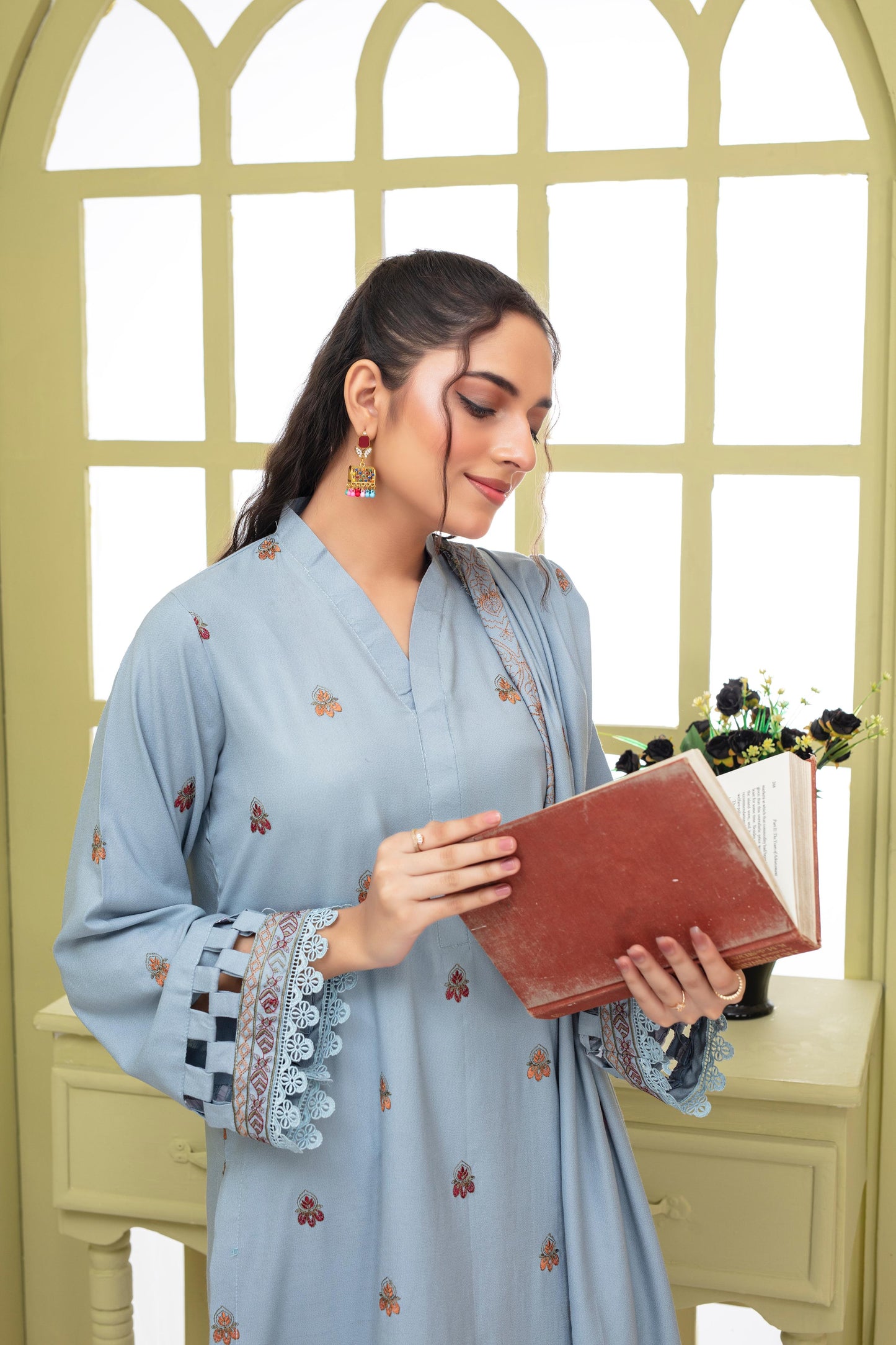 BRANDS INN-3PC DHANAK EMBROIDERED SHIRT WITH HEAVY CUTWORK EMBROIDERED DHANAK SHAWL AND TROUSER-BIC -1506