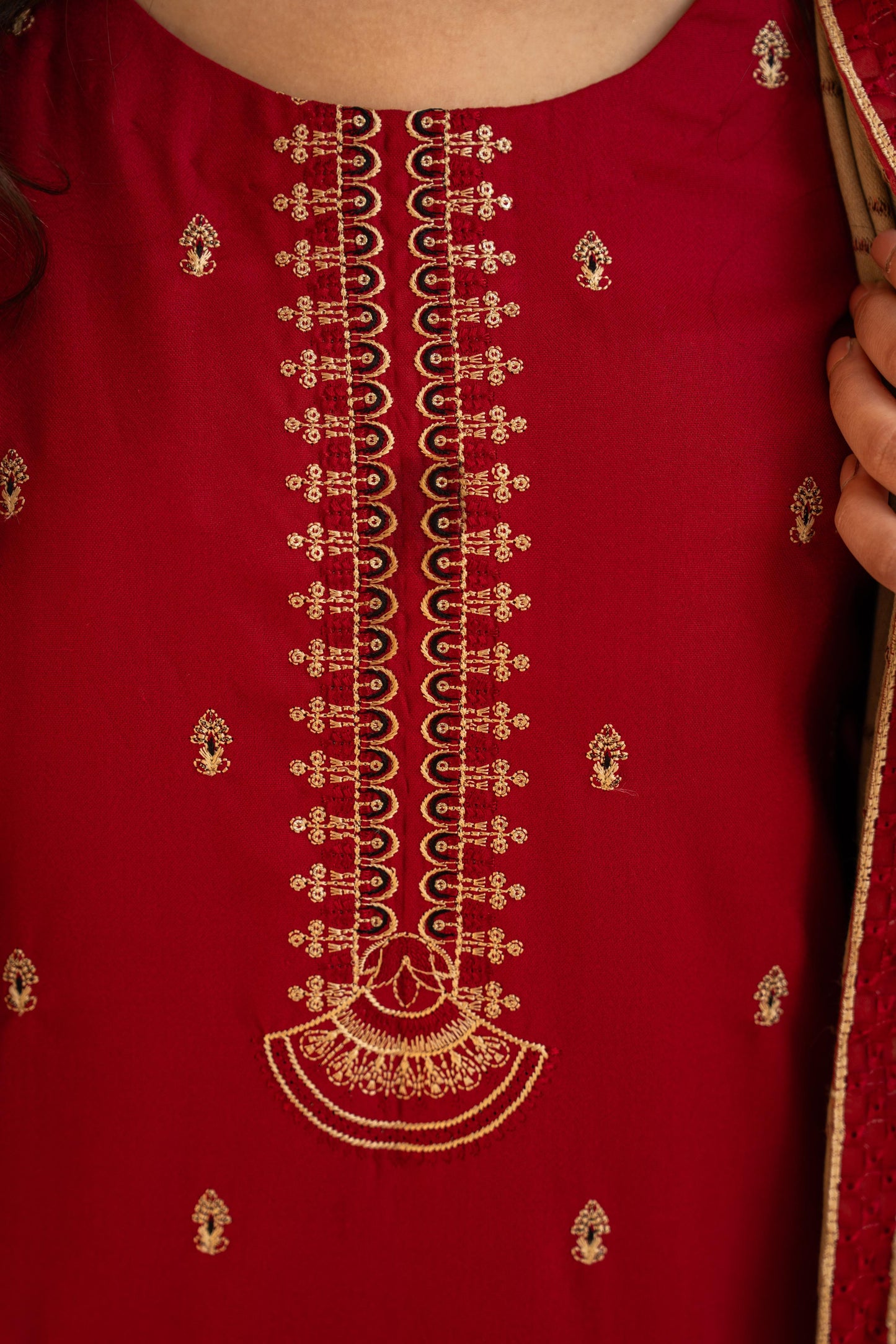 BRANDS INN-3PC DHANAK CUTWORK EMBROIDERED SHIRT WITH HEAVY CUTWORK EMBROIDERED JACQUARD WOOL SHAWL -BIC-1524