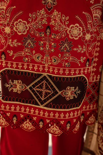 BRANDS INN-3PC DHANAK CUTWORK EMBROIDERED SHIRT WITH HEAVY CUTWORK EMBROIDERED JACQUARD WOOL SHAWL -BIC-1524