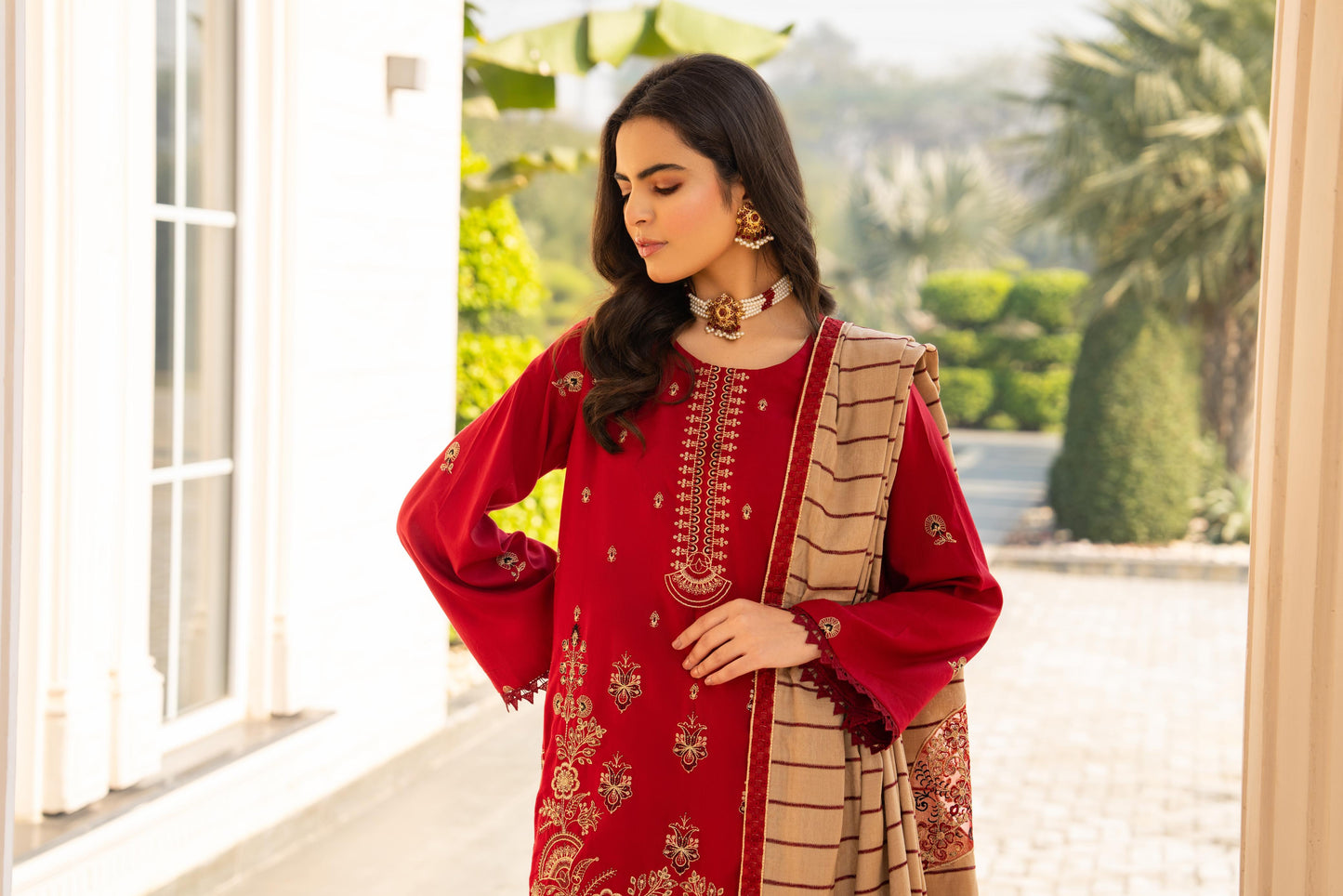 BRANDS INN-3PC DHANAK CUTWORK EMBROIDERED SHIRT WITH HEAVY CUTWORK EMBROIDERED JACQUARD WOOL SHAWL -BIC-1524