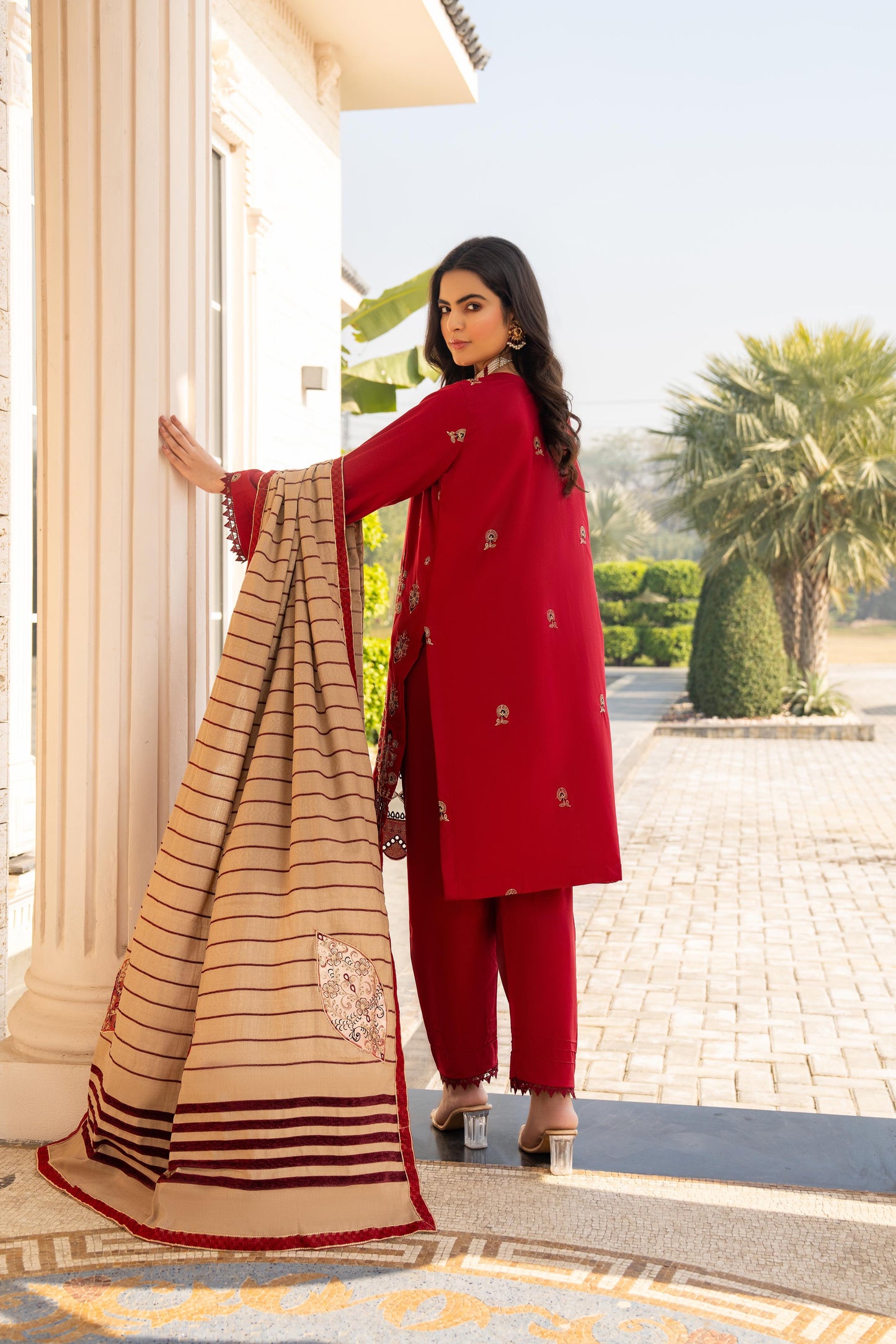 BRANDS INN-3PC DHANAK CUTWORK EMBROIDERED SHIRT WITH HEAVY CUTWORK EMBROIDERED JACQUARD WOOL SHAWL -BIC-1524