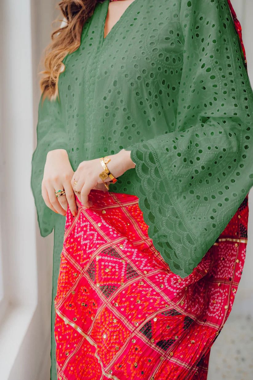 MARIA B-3PC CHIKANKARI LAWN EMBROIDERED SHIRT WITH CHUNRI PRINT DUPATTA AND TROUSER-BIC-4051 M
