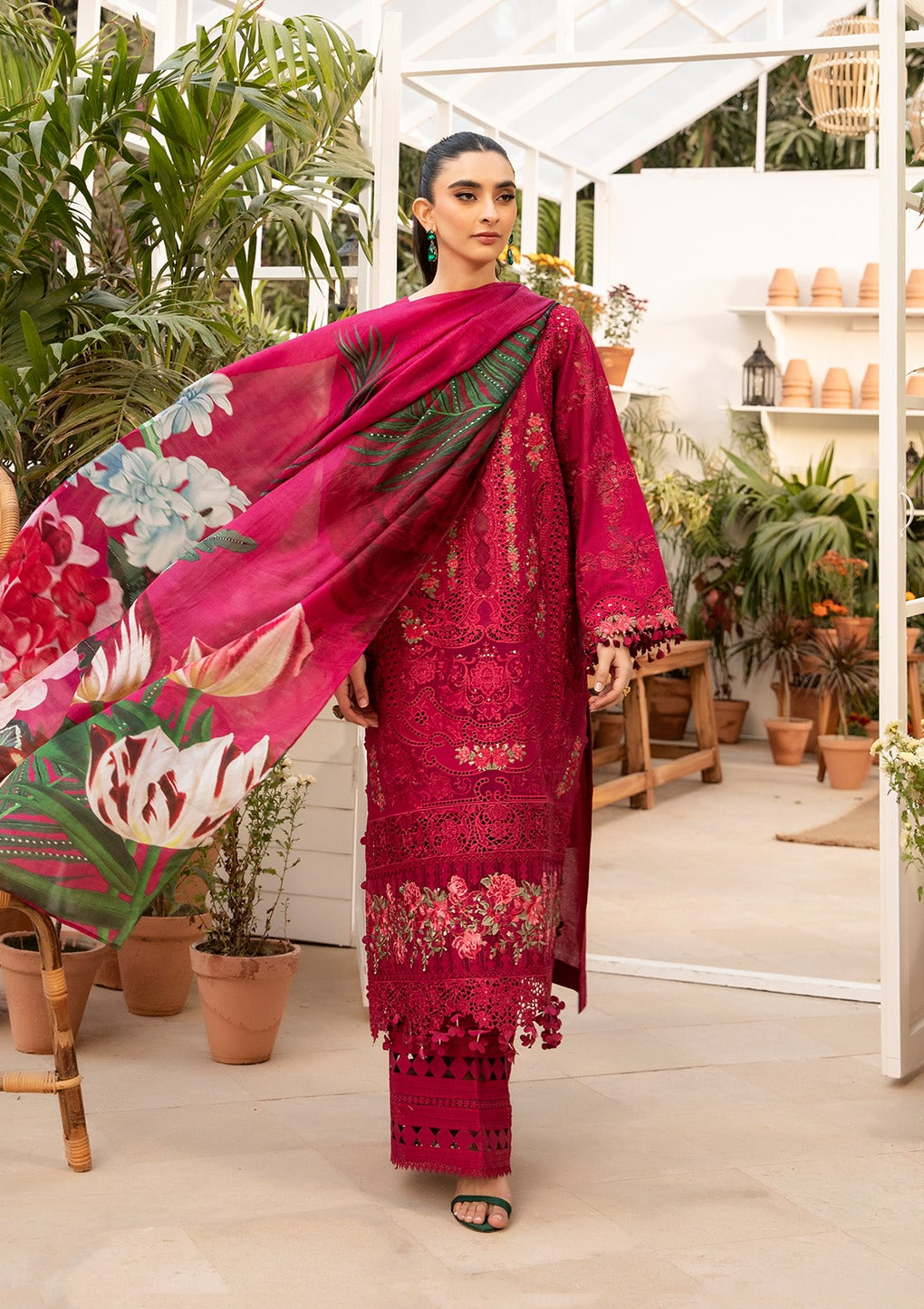 BAROUQE-3PC LAWN CHIKENKARI EMBROIDERED SHIRT WITH CHIFFOON PRINT DUPATTA AND EMB TROUSER-BIC-4736