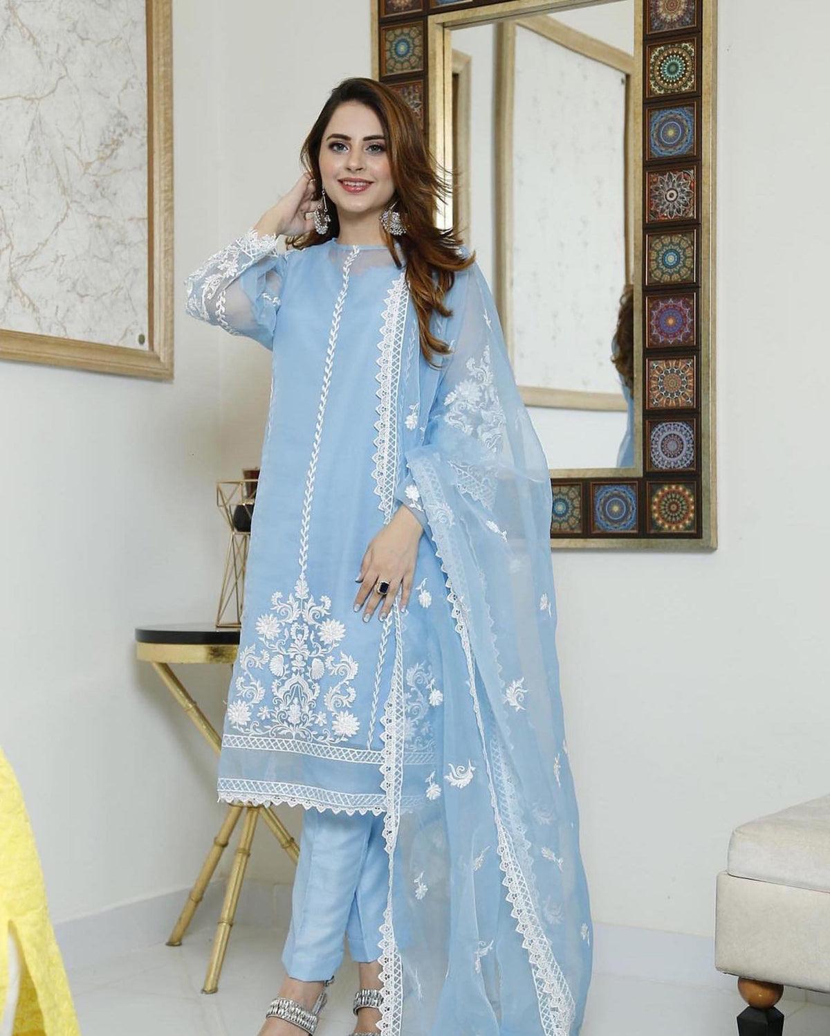 AZURE - 3PC ORGANZA EMBROIDERED LAWN SHIRT WITH ORGANZA EMBROIDERED DUPATTA AND TROUSER-2357