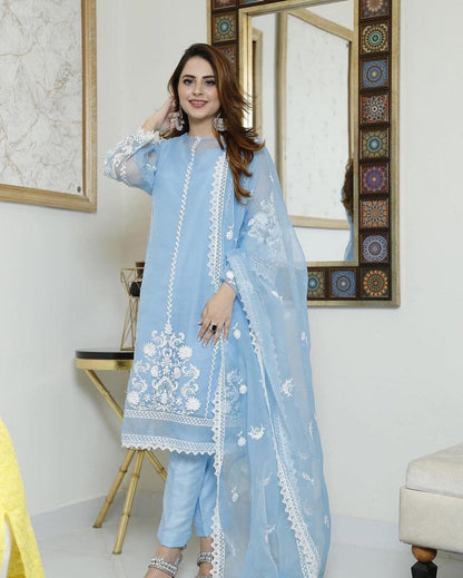 AZURE - 3PC ORGANZA EMBROIDERED LAWN SHIRT WITH ORGANZA EMBROIDERED DUPATTA AND TROUSER-2357