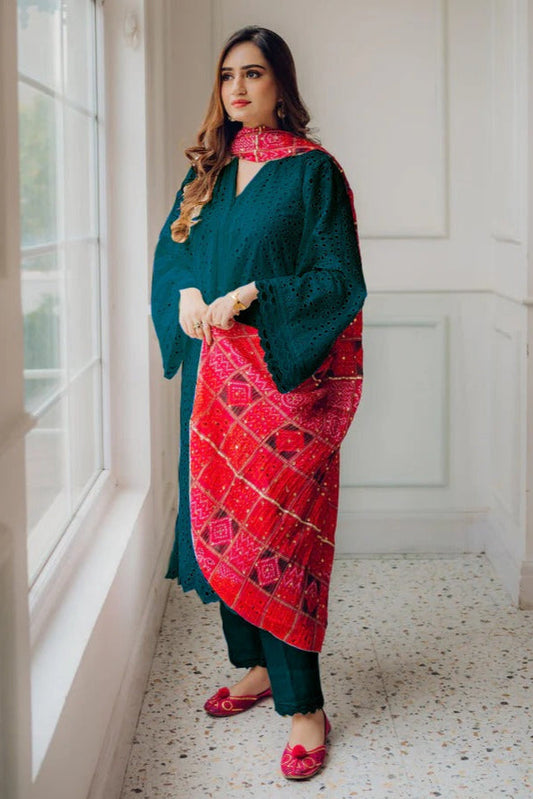 MARIA B-3PC CHIKANKAARI LAWN EMBROIDERED SHIRT WITH CHUNRI PRINT DUPATTA AND TROUSER-BIC-