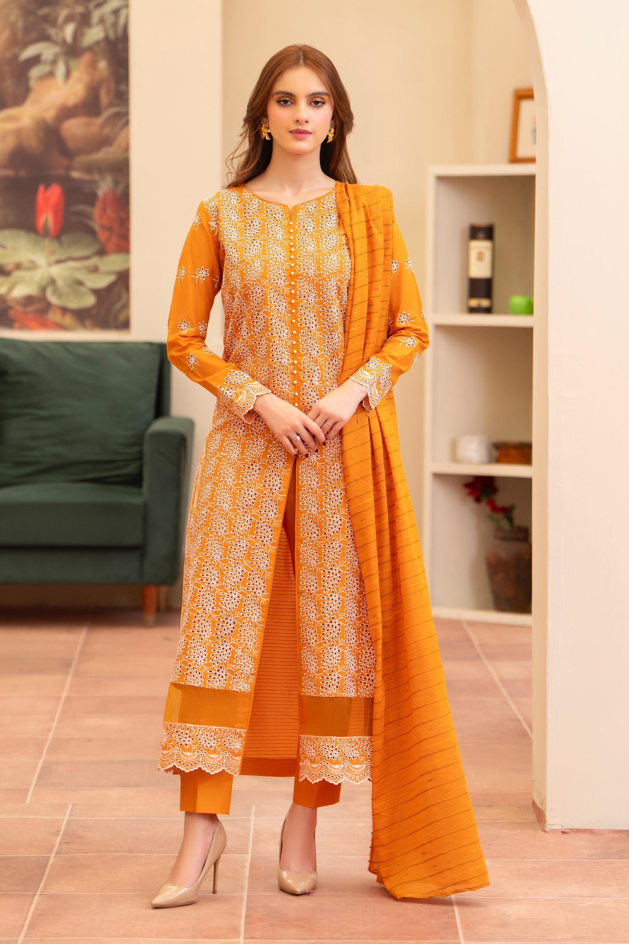 MIRAKHI - 3PC LAWN CHIKENKAARI EMBROIDERED SHIRT WITH LAWN TUBE SLUB DUPATTA AND TROUSER-BIC-6300