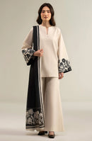 SAPPHIRE-3PC DHANAK SHIRT WITH DHANAK EMBROIDERED SLEEVES & PRINTED SHAWL-BIC-4068