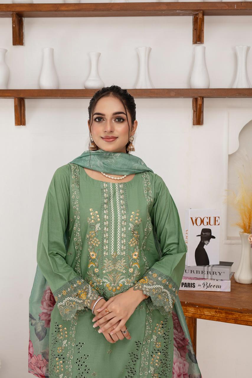 BRANDS INN -WINTER COTTON 3PC EMBROIDERED SHIRT WITH DORIA PRINTED SHAWL-BIC-2005