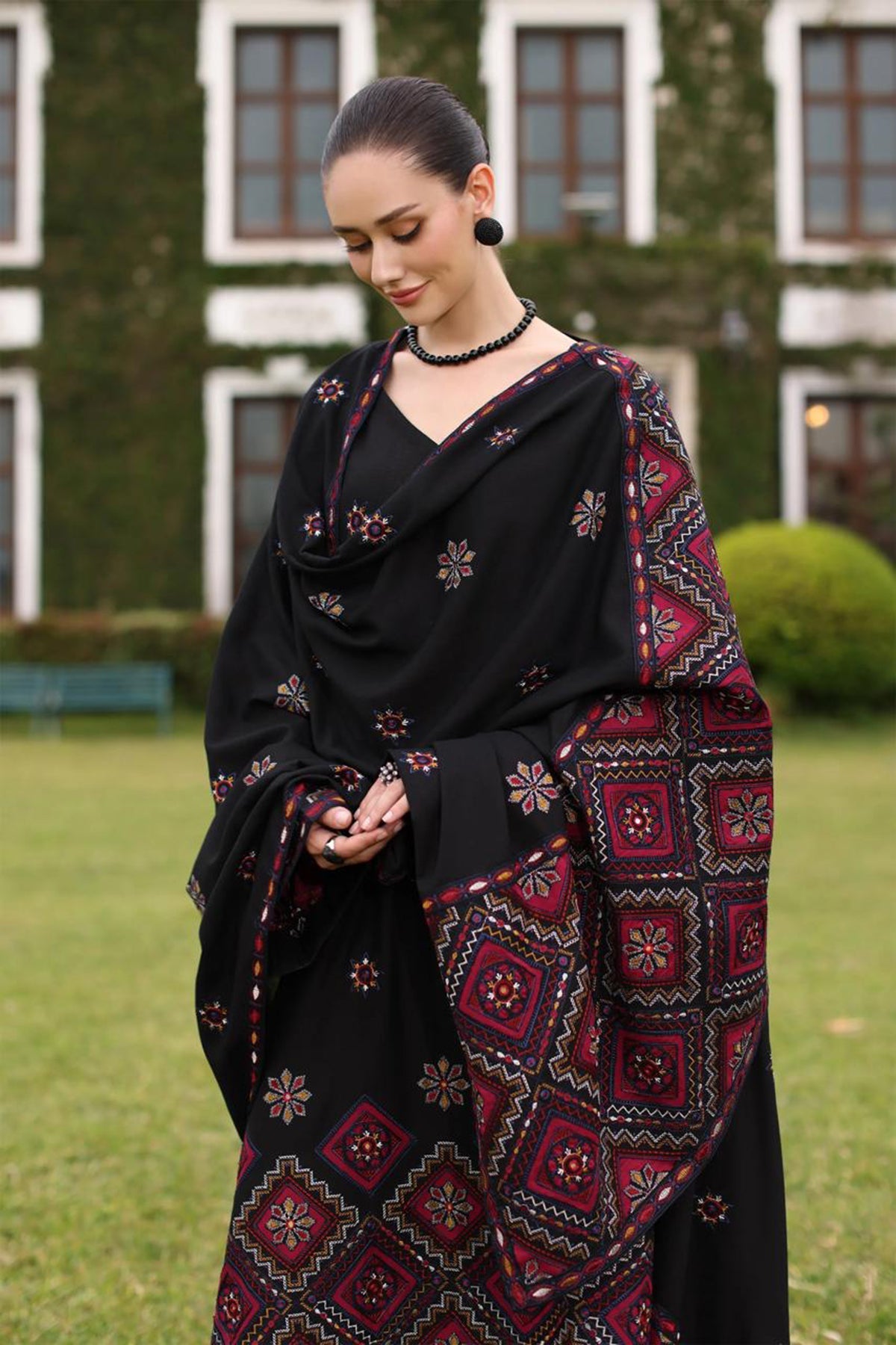 BAREEZE-3PC KARANDI EMBROIDERED SHIRT WITH KARANDI EMBROIDERED SHAWL AND TROUSER-BIC-4398
