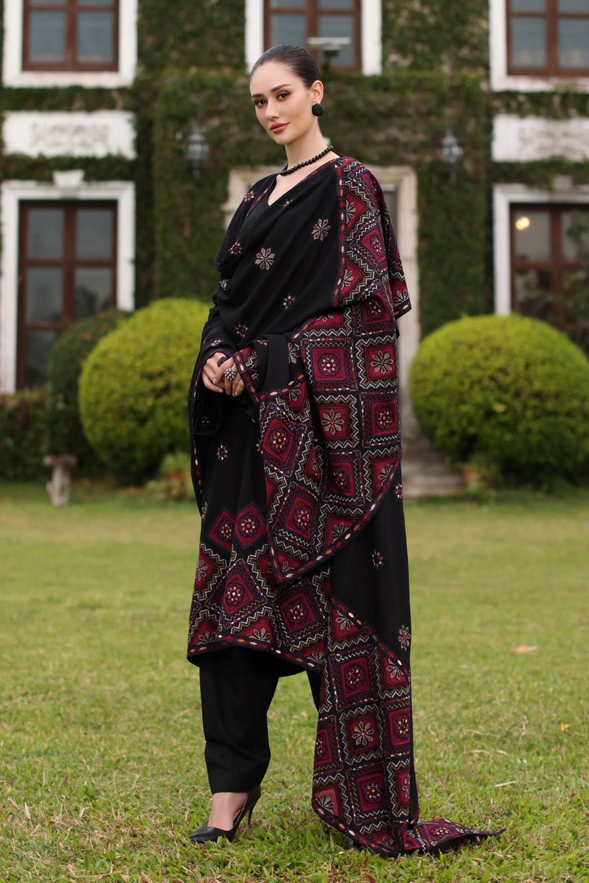 BAREEZE-3PC KARANDI EMBROIDERED SHIRT WITH KARANDI EMBROIDERED SHAWL AND TROUSER-BIC-4398