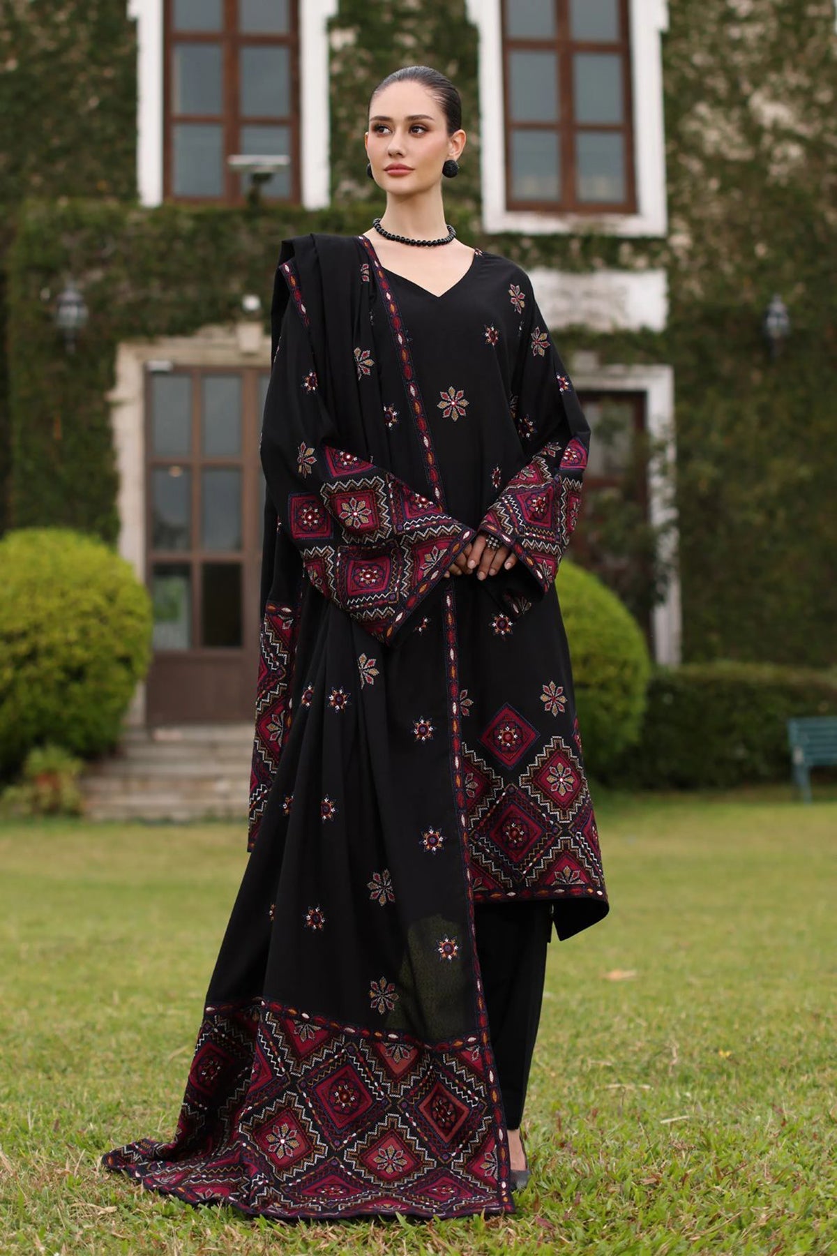 BAREEZE-3PC KARANDI EMBROIDERED SHIRT WITH KARANDI EMBROIDERED SHAWL AND TROUSER-BIC-4398