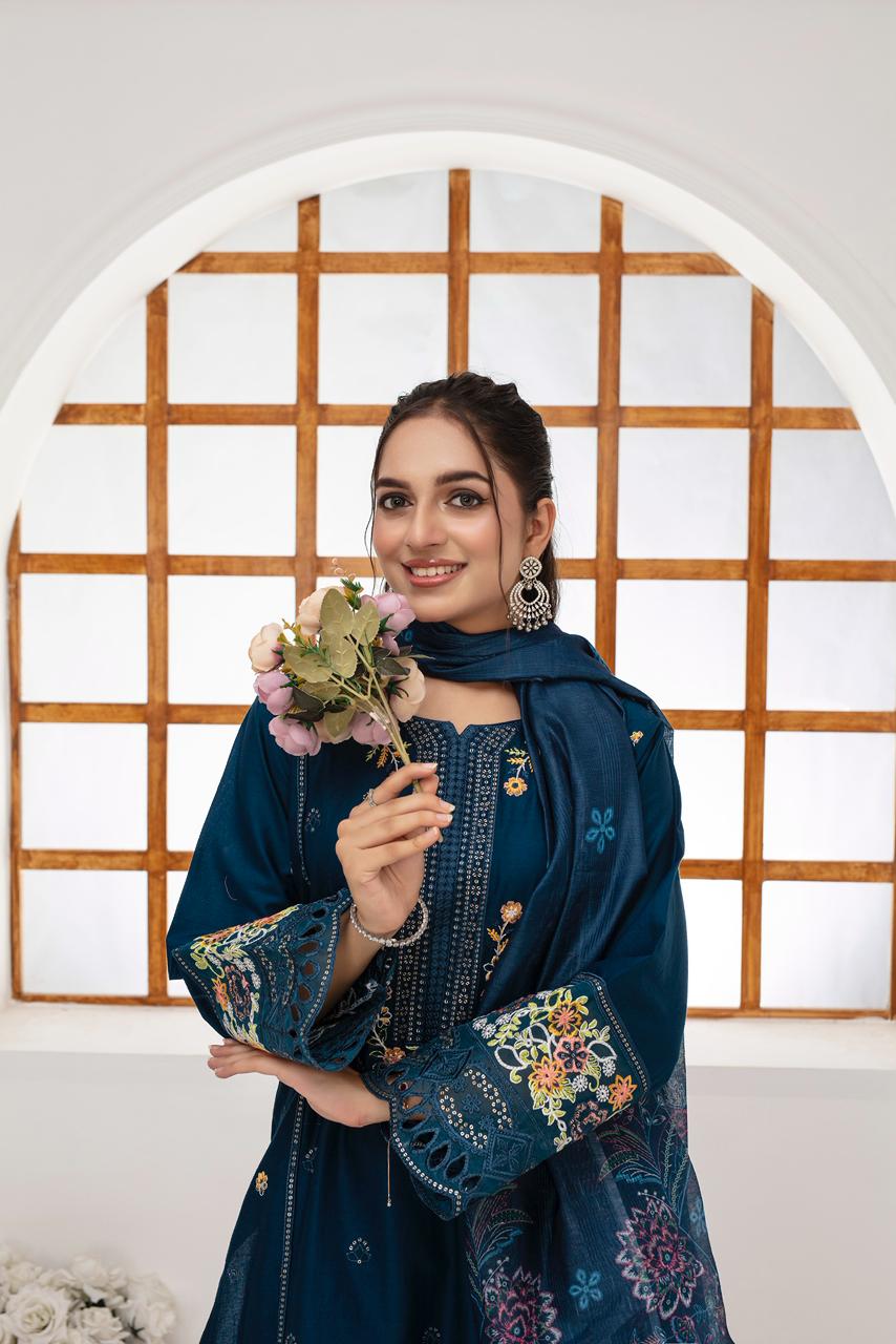 BRANDS INN -WINTER COTTON 3PC EMBROIDERED SHIRT WITH DORIA PRINTED SHAWL-BIC-2007