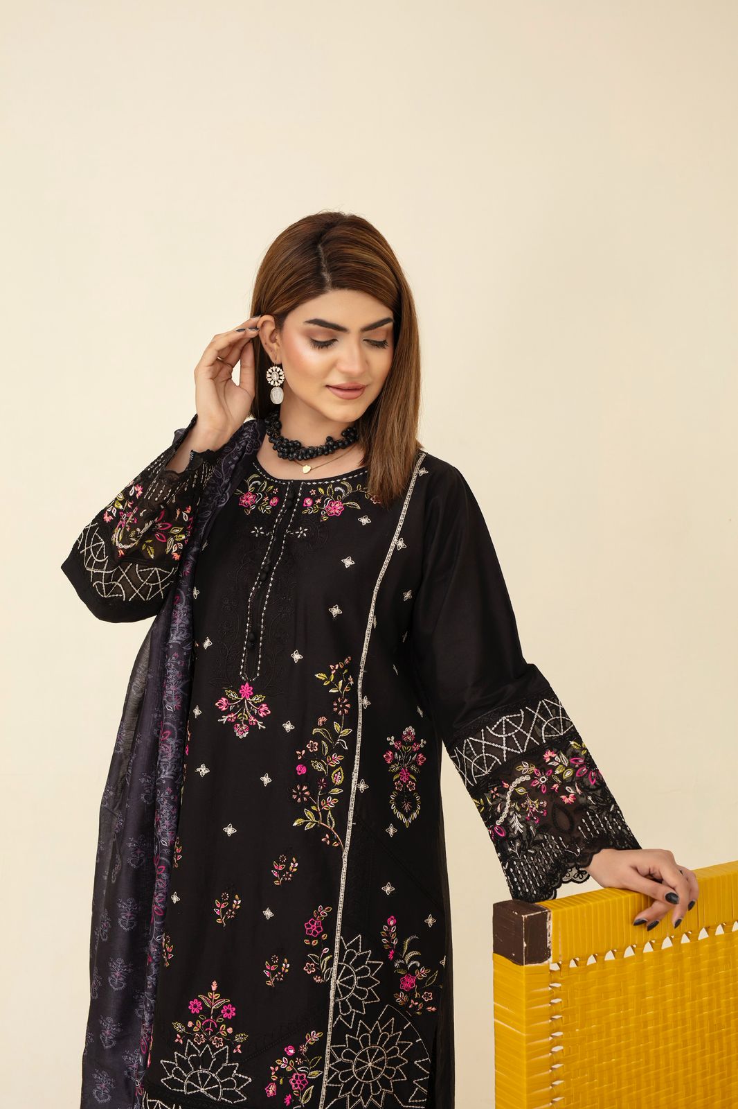 BRANDS INN-WINTER COTTON 3PC EMBROIDERED SHIRT WITH DORIA PRINTED SHAWL-BIC-2011