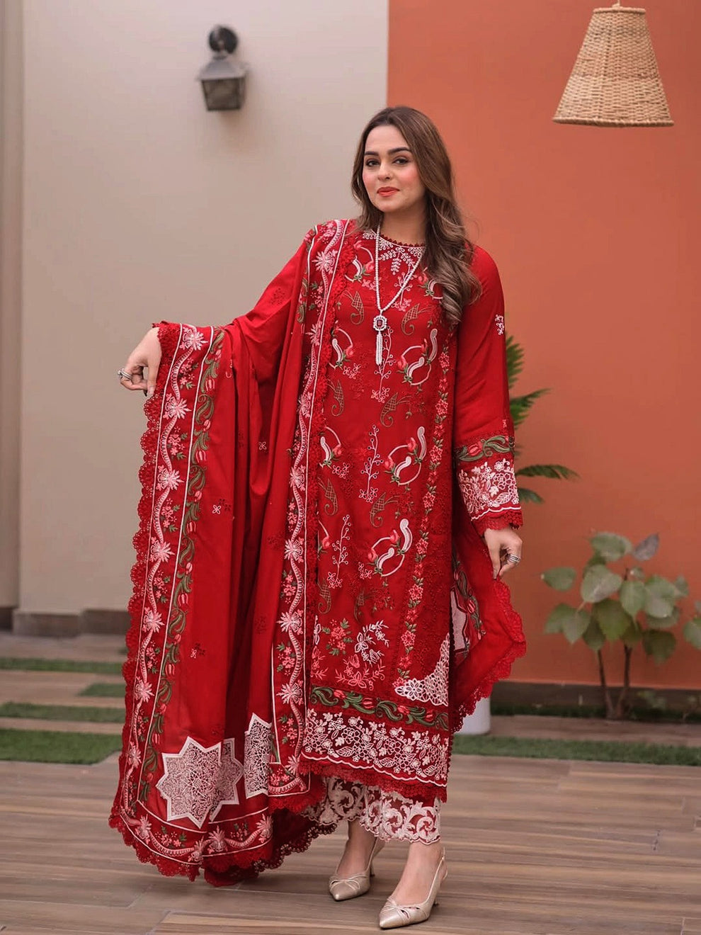 ANEELAS-3PC LAWN CHIKAN EMBROIDERED SHIRT WITH LAWN EMB DUPATTA AND TROUSER-BIC-4813