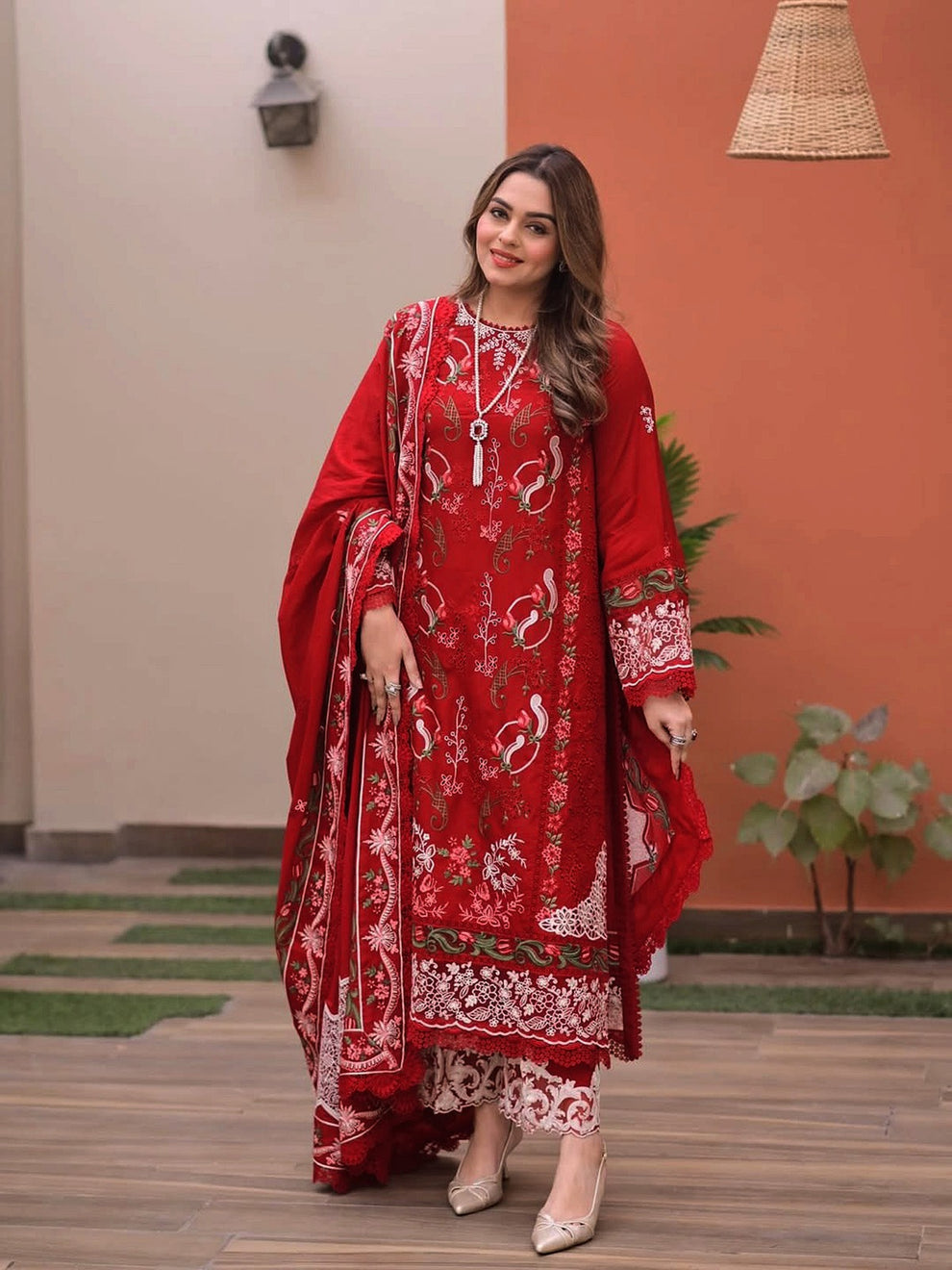 ANEELAS-3PC LAWN CHIKAN EMBROIDERED SHIRT WITH LAWN EMB DUPATTA AND TROUSER-BIC-4813