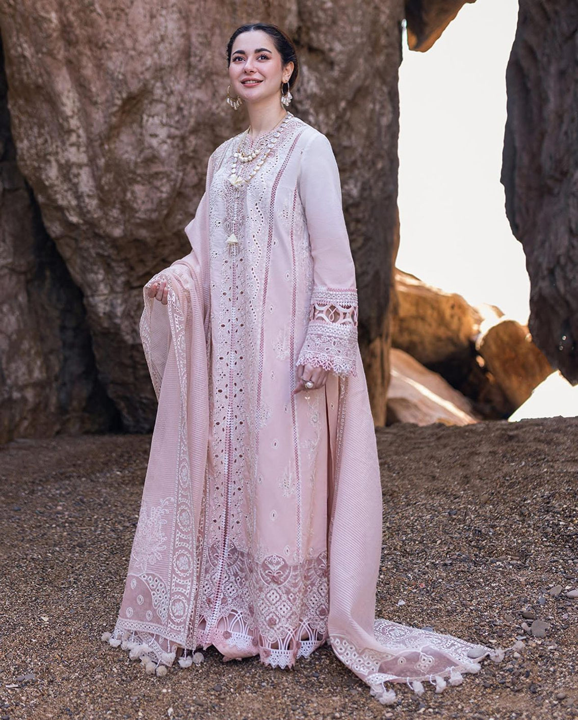 QALAMQAR-3PC LAWN LASERCUTWORK EMBROIDERED SHIRT WITH KHAADI NET EMBROIDERED DUPATTA AND TROUSER-BIC-4726