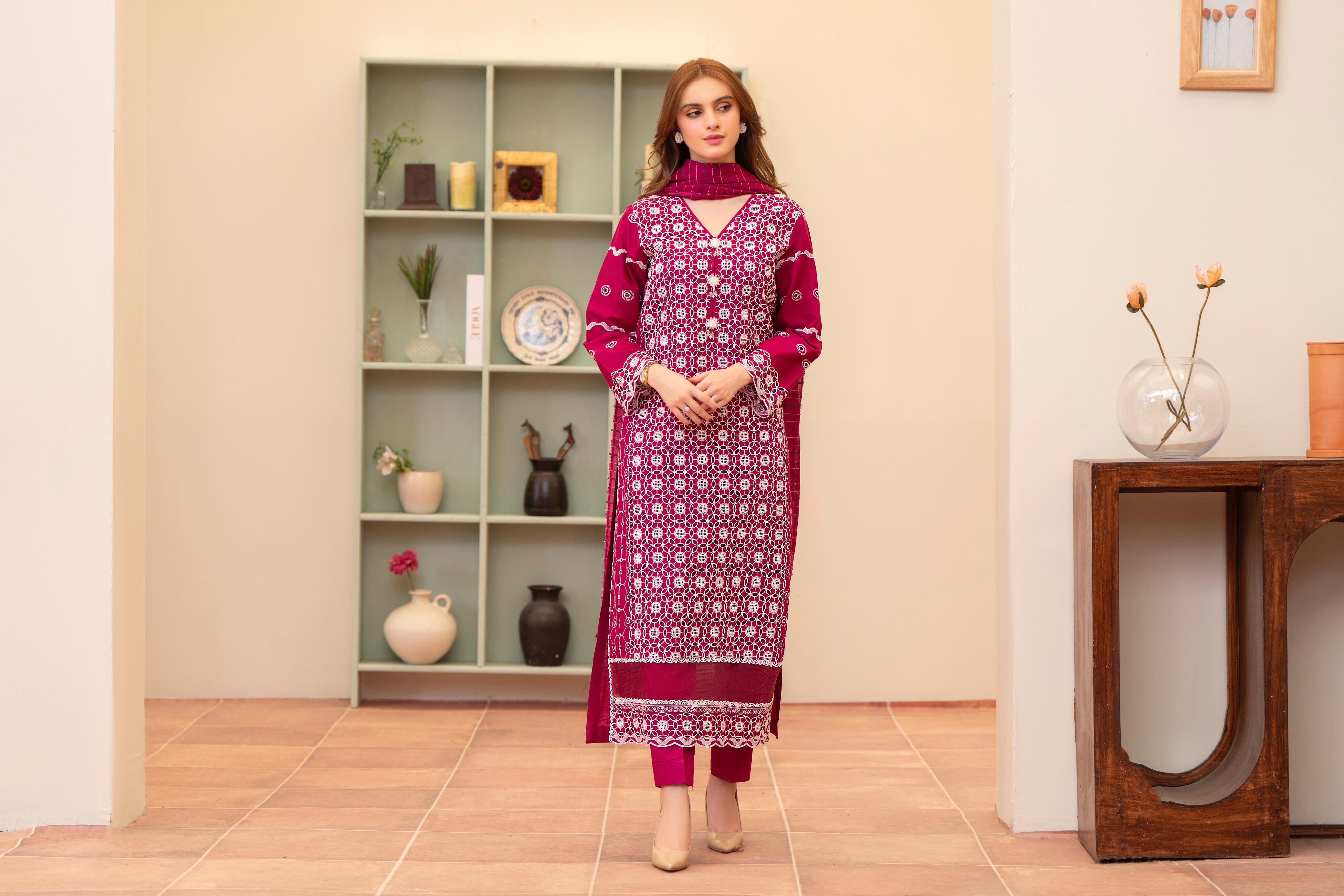 MIRAKHI - 3PC LAWN CHIKENKAARI EMBROIDERED SHIRT WITH LAWN TUBE SLUB DUPATTA AND TROUSER-BIC-1073