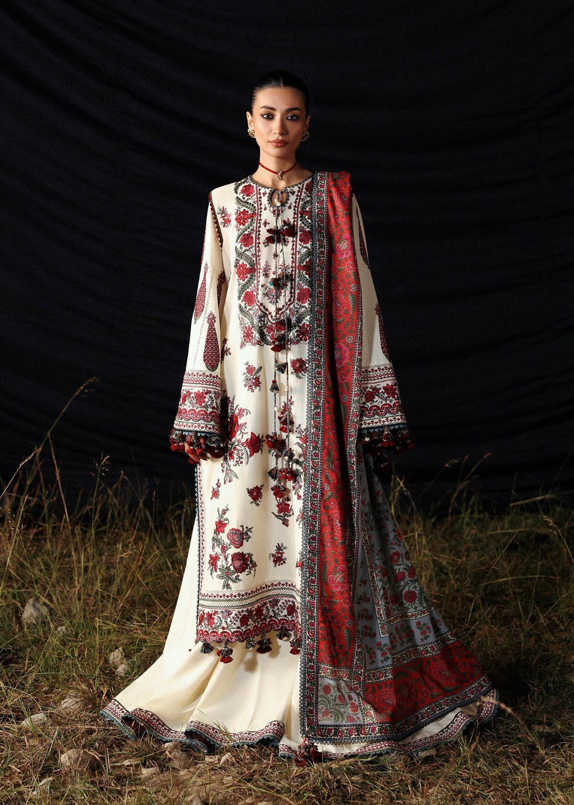 HUSSAIN REHAR-3PC DHANAK EMBROIDERED SHIRT WITH WOOL PRINTED SHAWL AND EMB TROUSER -BIC-5186