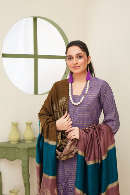 BRANDSINN-3PC KHADAR CUTWORK EMBROIDERED SHIRT WITH KASHMIRI JACQUARD WOOL SHAWL-BIC-1513