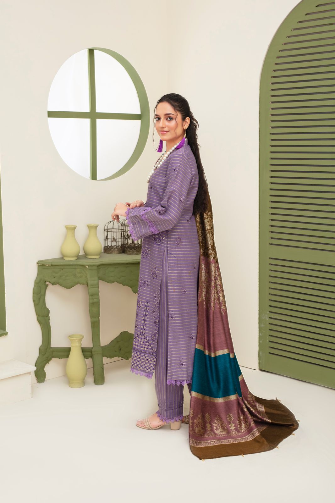 BRANDSINN-3PC KHADAR CUTWORK EMBROIDERED SHIRT WITH KASHMIRI JACQUARD WOOL SHAWL-BIC-1513