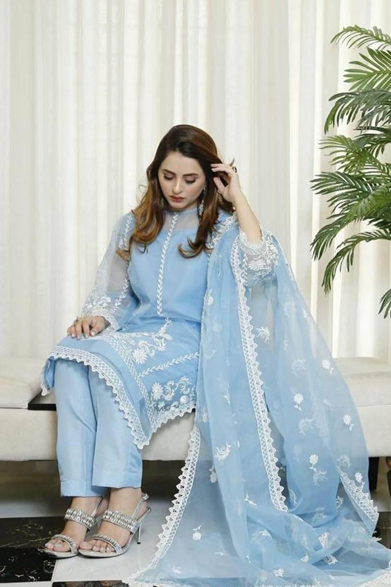 AZURE - 3PC ORGANZA EMBROIDERED LAWN SHIRT WITH ORGANZA EMBROIDERED DUPATTA AND TROUSER-2357