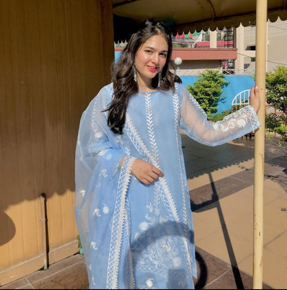 AZURE - 3PC ORGANZA EMBROIDERED LAWN SHIRT WITH ORGANZA EMBROIDERED DUPATTA AND TROUSER-2357
