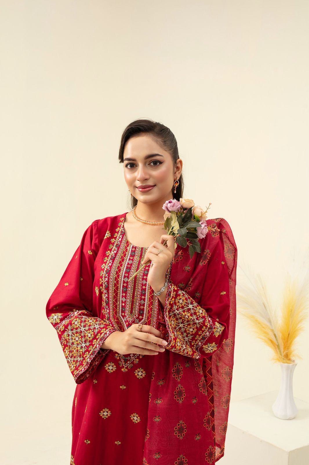 BRANDS INN -WINTER COTTON 3PC EMBROIDERED SHIRT WITH DORIA PRINTED SHAWL-BIC-2008